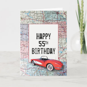 55th Birthday Retro Corvette on Map   Card