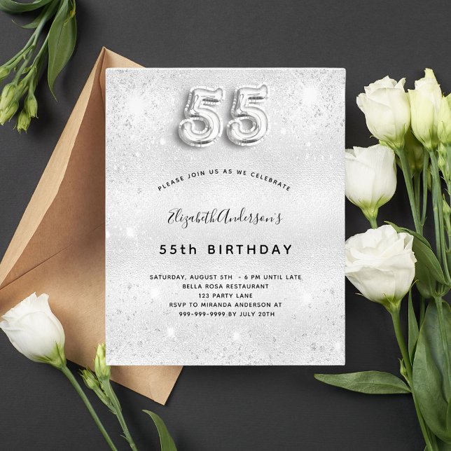 55th birthday silver glitter budget invitation flyer (Creator Uploaded)