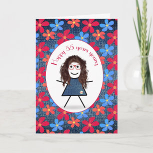 55th Birthday Stick Girl and Daisies On Denim  Card