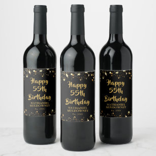 55th Birthday Stylish Black Gold Stars Name Wine Label
