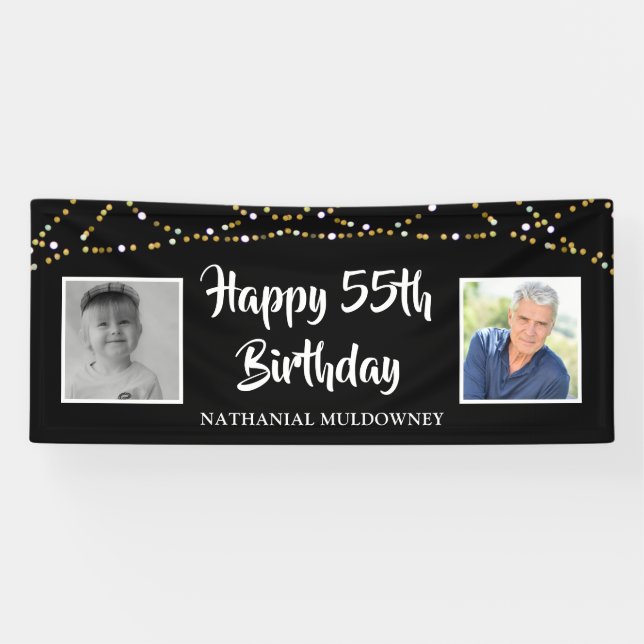 55th Birthday Then & Now Photos Lights Black Banner (Horizontal)