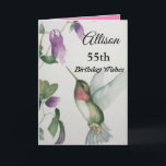 55th Birthday Wishes Elegant Pretty Hummingbird Card<br><div class="desc">Celebrate her 55th birthday with an elegant hummingbird design on a charming greeting card. Created from my original watercolour painting, the lovely little bird and flower image will brighten the day for birdwatchers, gardeners and nature lovers. The special woman in your life will love the pastel colours of cream, pink...</div>
