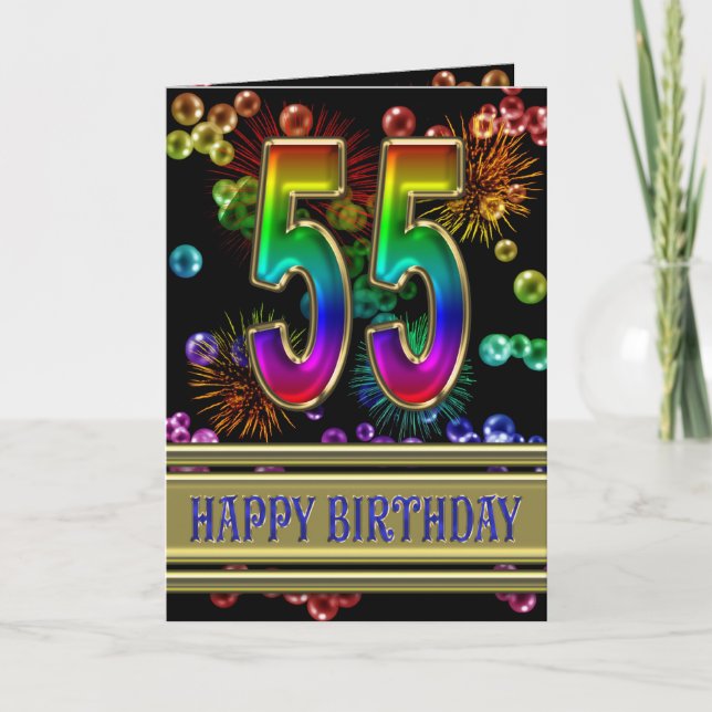 55th Birthday with rainbow bubbles and fireworks Card (Front)