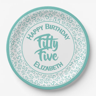 55th  Cool Random Number Pattern Teal/White Paper Plate