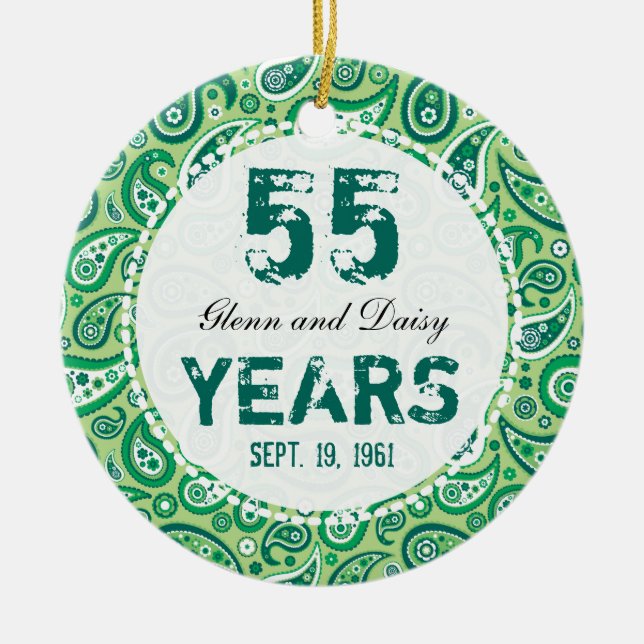55th Emerald Wedding Anniversary Paisley Monogram Ceramic Ornament (Front)