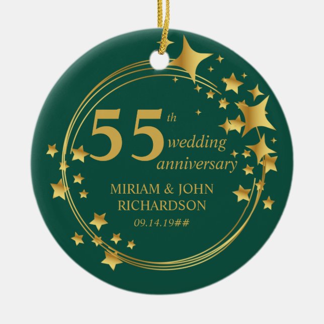 55th Emerald Wedding Anniversary Photo Gold Stars Ceramic Ornament (Front)