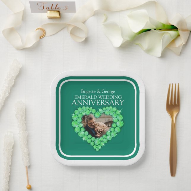 55th Emerald Wedding Anniversary photo heart  Paper Plate (Wedding)