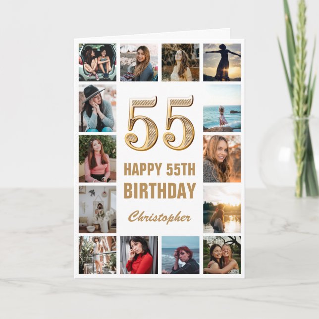 55th Happy Birthday Gold and White Photo Collage Card (Front)