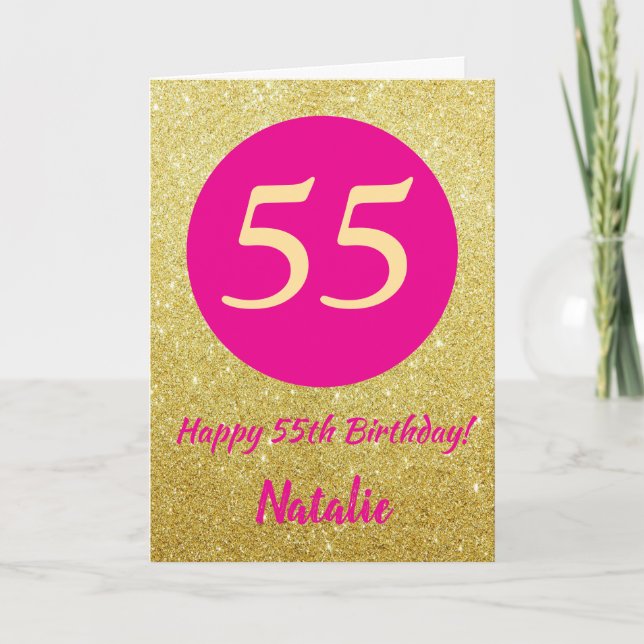 55th Happy Birthday Hot Pink and Gold Glitter Card (Front)