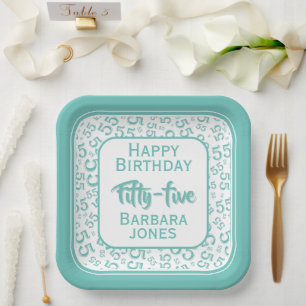 55th Party Random Number Pattern Teal/White Paper Plate