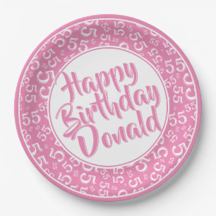 55th Pink/White Random Number Pattern Paper Plate