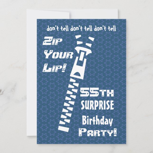 55th SURPRISE Birthday Blue Stars Zip Your Lip Invitation (Front)