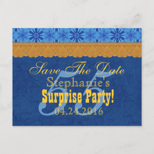 55th SURPRISE Birthday Save the Date Blue Gold V02 Announcement Postcard