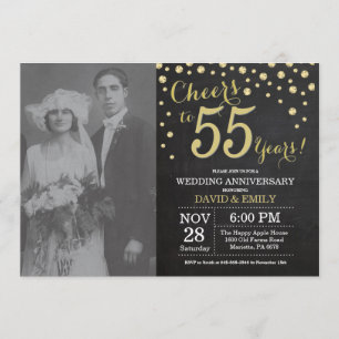 55th Wedding Anniversary Chalkboard Black and Gold Invitation