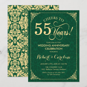 55th Wedding Anniversary Emerald Green Gold Damask Invitation