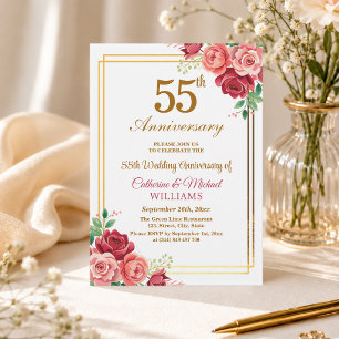 55th Wedding Anniversary Gold Frame Floral Invitation