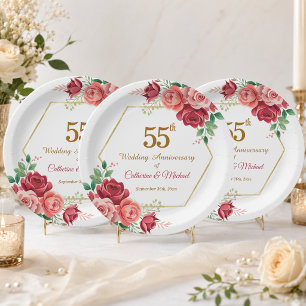 55th Wedding Anniversary Gold Frame Floral Paper Plate