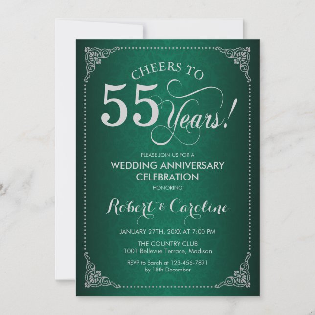 55th Wedding Anniversary - Green Silver Damask Invitation (Front)
