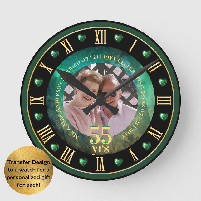 55th Wedding Anniversary PHOTO Gift Emerald Green Round Clock (Creator Uploaded)