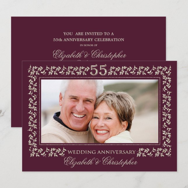 55th Wedding Anniversary Plum Bronze Photo Invitation (Front/Back)