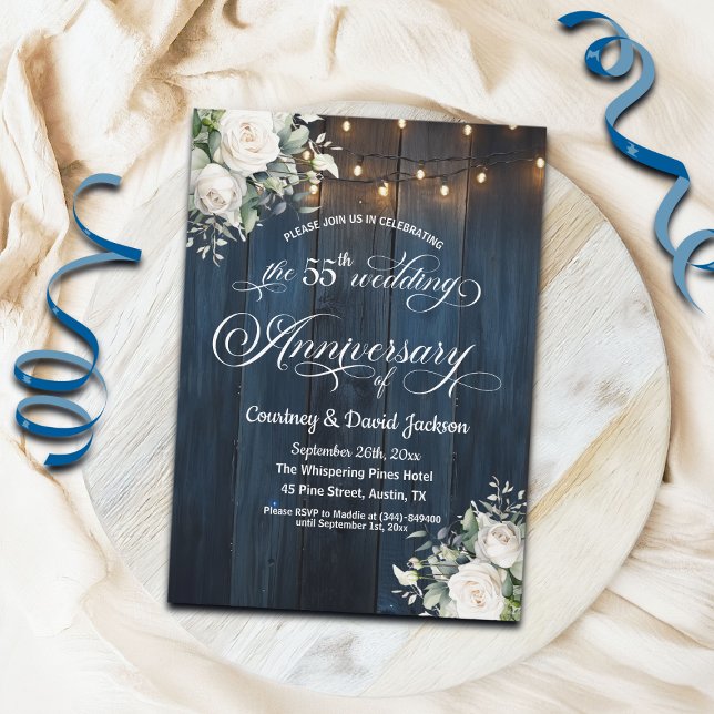 55th Wedding Anniversary Rustic Blue String Lights Invitation (Creator Uploaded)