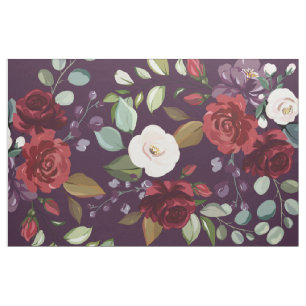 56" Inch Wide Cotton Fabric Plum Purple Roses Gold