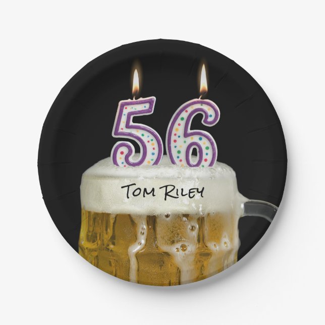 56th birthday beer with candle paper plate (Front)