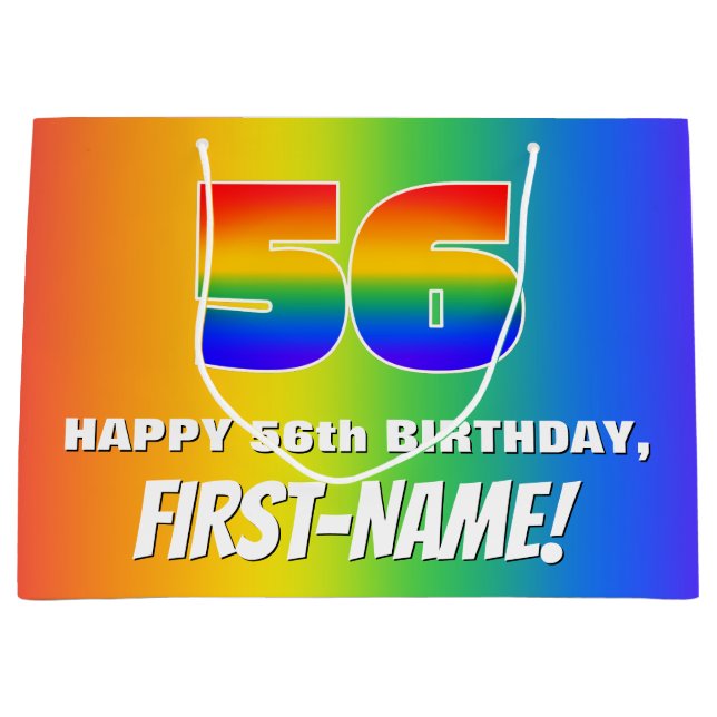 56th Birthday: Colourful, Fun Rainbow Pattern # 56 Large Gift Bag (Front)