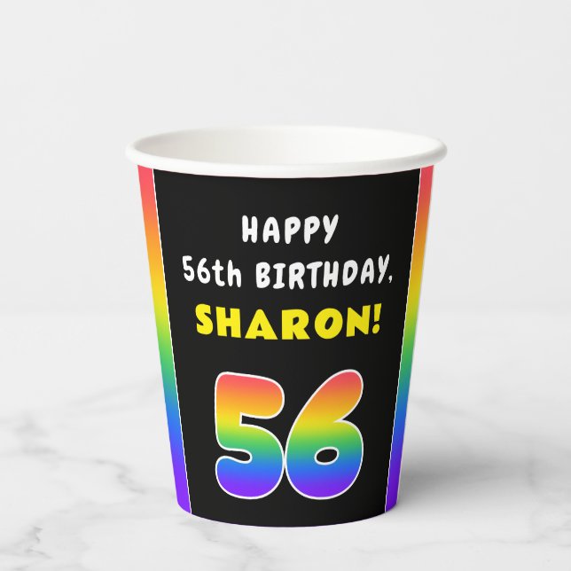 56th Birthday: Colourful Rainbow # 56, Custom Name Paper Cups (Back)