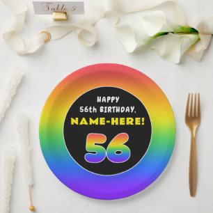 56th Birthday: Colourful Rainbow # 56, Custom Name Paper Plate