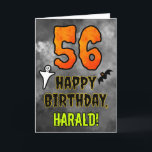 56th Birthday: Eerie Halloween Theme   Custom Name Card<br><div class="desc">The front of this scary and spooky Hallowe’en themed birthday greeting card design features a large number “56” and the message “HAPPY BIRTHDAY, ”, plus an editable name. There are also depictions of a bat and a ghost on the front. The inside features an editable birthday greeting message, or could...</div>