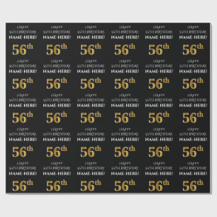 56th Birthday: Elegant, Black, Faux Gold Look Wrapping Paper