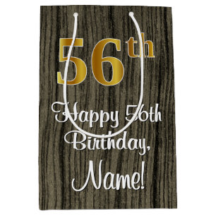 56th Birthday: Elegant Faux Gold Look #, Faux Wood Medium Gift Bag