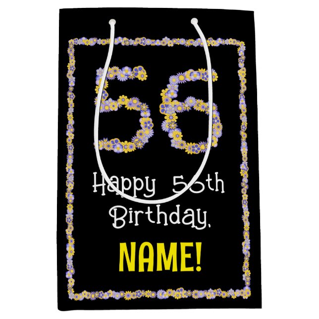 56th Birthday: Floral Flowers Number, Custom Name Medium Gift Bag (Front)