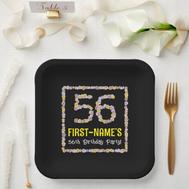 56th Birthday: Floral Flowers Number, Custom Name Paper Plate (Wedding)
