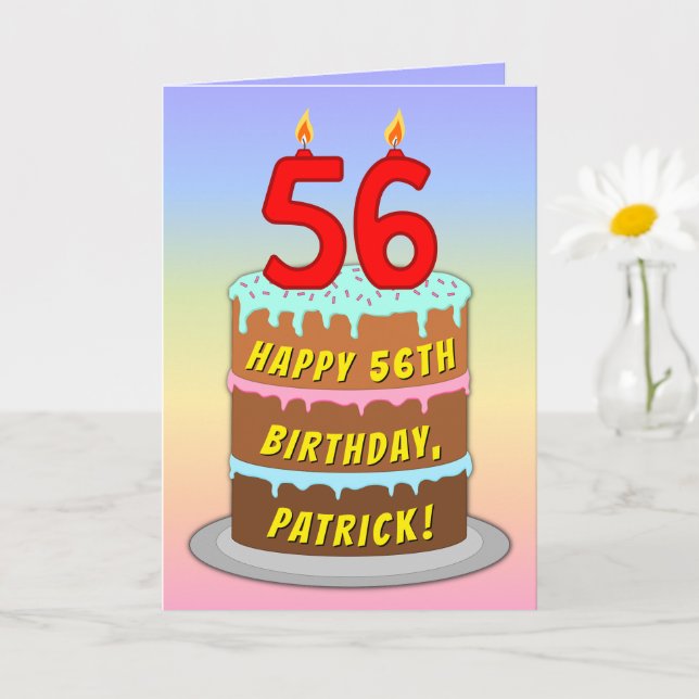 56th Birthday — Fun Cake & Candles, w/ Custom Name Card (Small Plant)