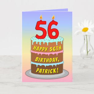 56th Birthday — Fun Cake & Candles, w/ Custom Name Card