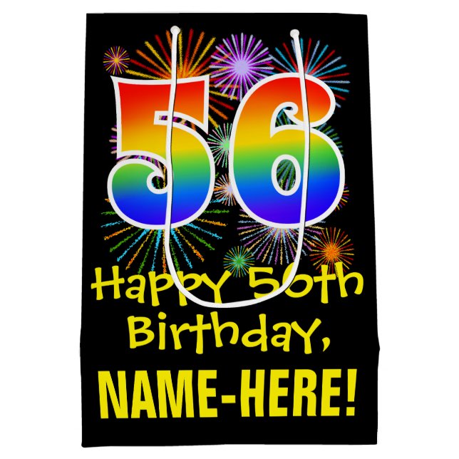 56th Birthday: Fun Fireworks Pattern + Rainbow 56 Medium Gift Bag (Back)