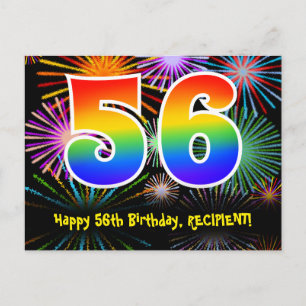 56th Birthday – Fun Fireworks Pattern + Rainbow 56 Postcard