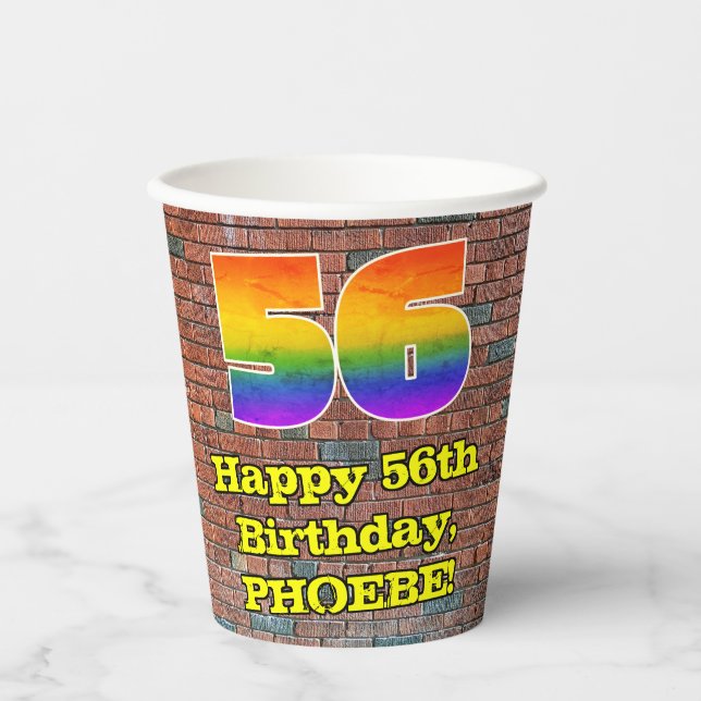 56th Birthday: Fun Graffiti-Inspired Rainbow 56 Paper Cups (Front)