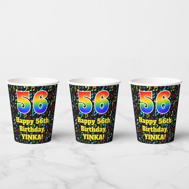 56th Birthday: Fun Music Notes Pattern, Rainbow 56 Paper Cups (Multi)