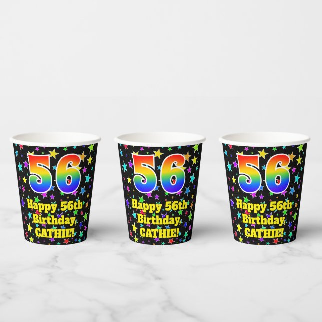 56th Birthday: Fun Stars Pattern and Rainbow 56 Paper Cups (Multi)