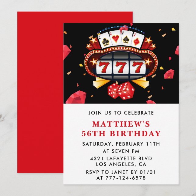 56th birthday invitations Casino theme Poker Red (Front/Back)