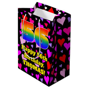 56th Birthday: Loving Hearts Pattern, Rainbow # 56 Medium Gift Bag