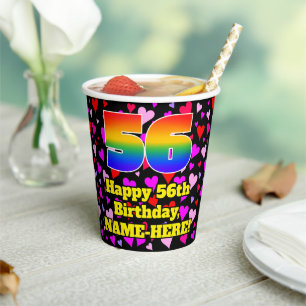 56th Birthday: Loving Hearts Pattern, Rainbow 56 Paper Cups