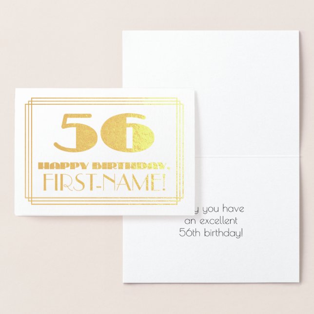 56th Birthday; Name + Art Deco Inspired Look "56" Foil Card (Display)