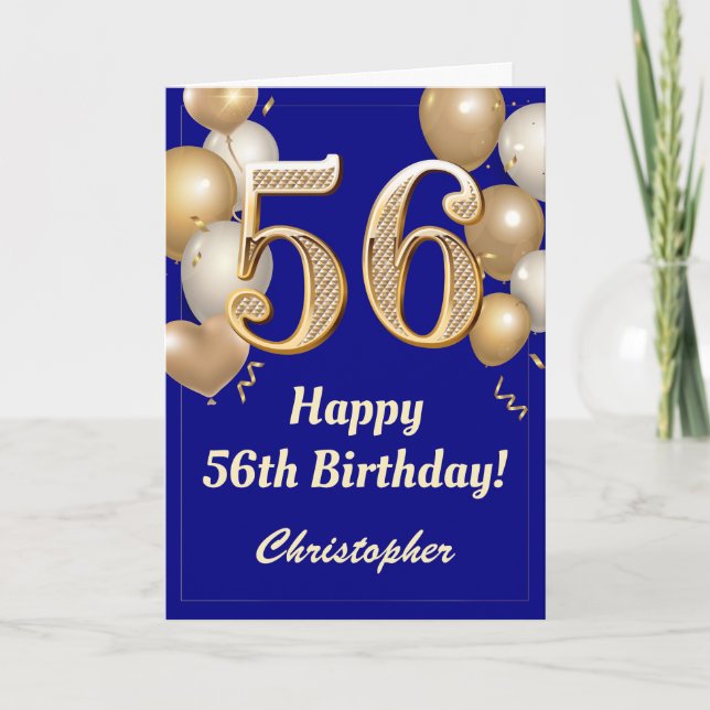 56th Birthday Navy Blue and Gold Balloons Confetti Card (Front)