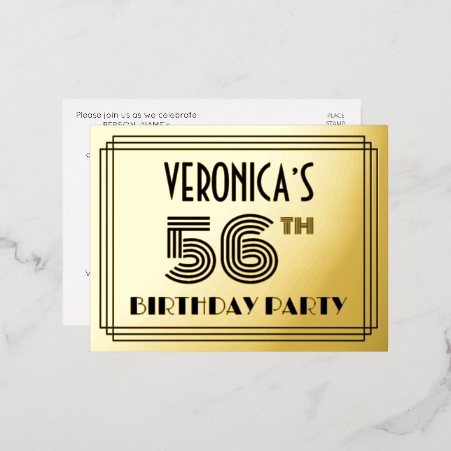 56th Birthday Party ~ Art Deco Style “56” + Name Foil Invitation Postcard (Front/Back)