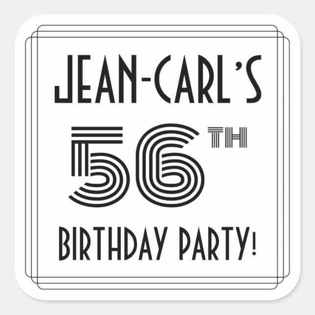 56th Birthday Party: Art Deco Style + Custom Name Square Sticker (Front)