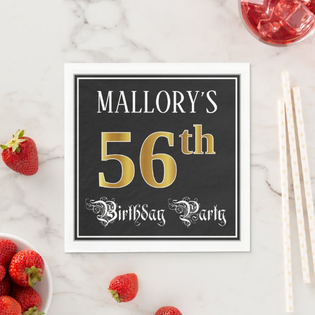 56th Birthday Party — Fancy Script, Faux Gold Look Napkin (Insitu)